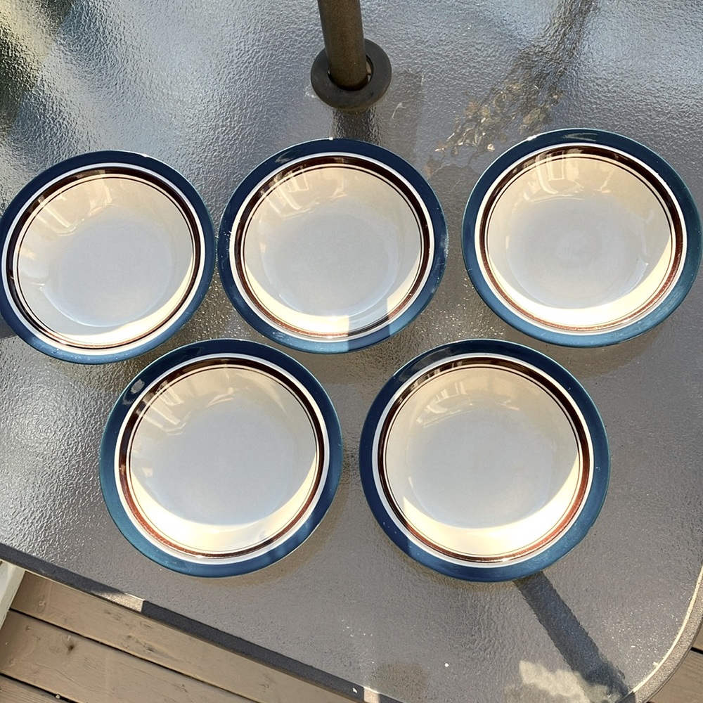 Carousel Stone Ware 802 Blue Made in Japan Cream w. Brown Trim 5 Soup Bowls Set
